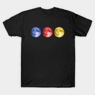 Moon in triplicate - moon photo in blue, red, and yellow T-Shirt